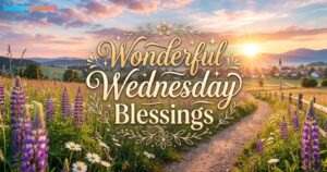 "Wonderful Wednesday Blessings" card with a path, cross, and flowers in a sunrise meadow over a village.