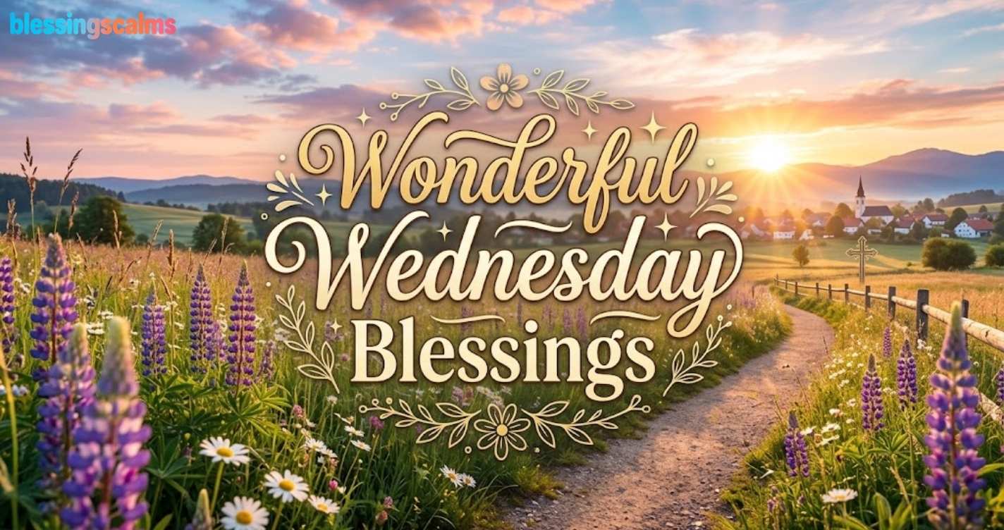 "Wonderful Wednesday Blessings" card with a path, cross, and flowers in a sunrise meadow over a village.