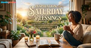 A cozy Saturday morning scene with a woman drinking coffee by a sunlit garden, featuring inspiration Saturday blessings text.